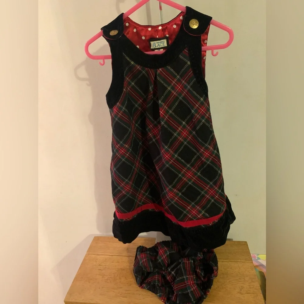 CHILDRENS PLACE PLAID CHRISTMAS DRESS WITH DIAPER COVER 2 PC 24 Months